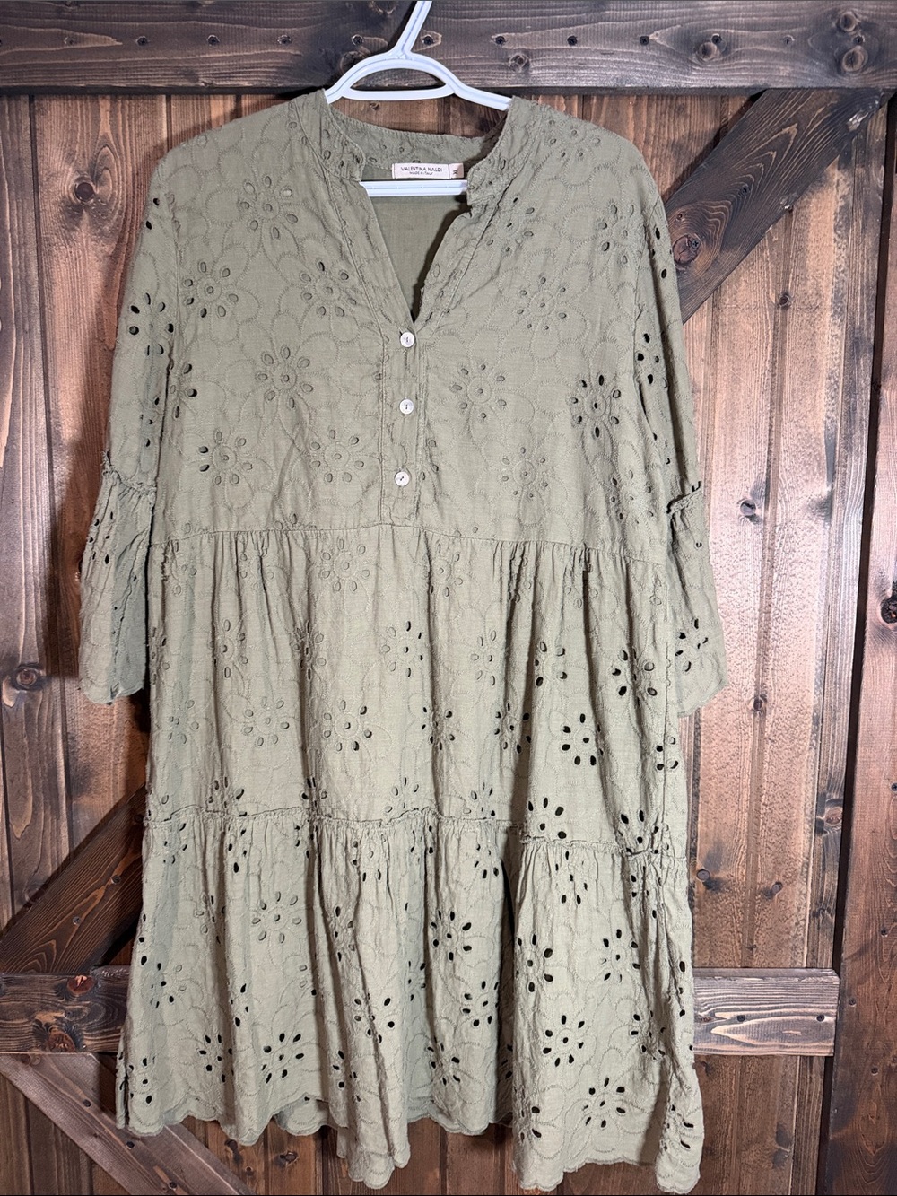 Embroidered Eyelet Tiered Midi Dress in Olive 💯 cotton